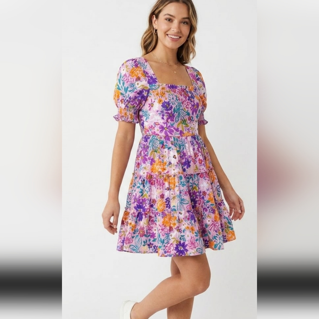 Blu Pepper Pink Floral Tiered Mini Dress Puff Sleeve S